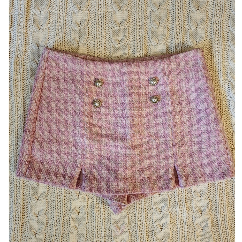 Olivaceous Pink Tweed High Waisted Houndstooth Shorts Faux Pearl Buttons M